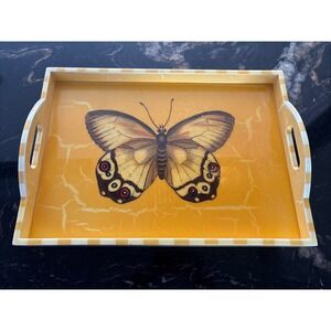 Annie Modica Large Yellow Serving Tray with Butterfly "Flutter", 21x15x2" Signed